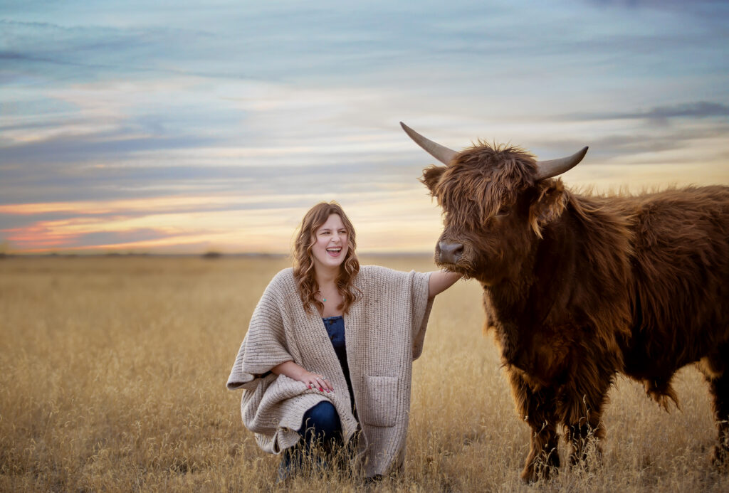 Amarillo high school senior laughing while petting a mini highland cow with the sun setting. 