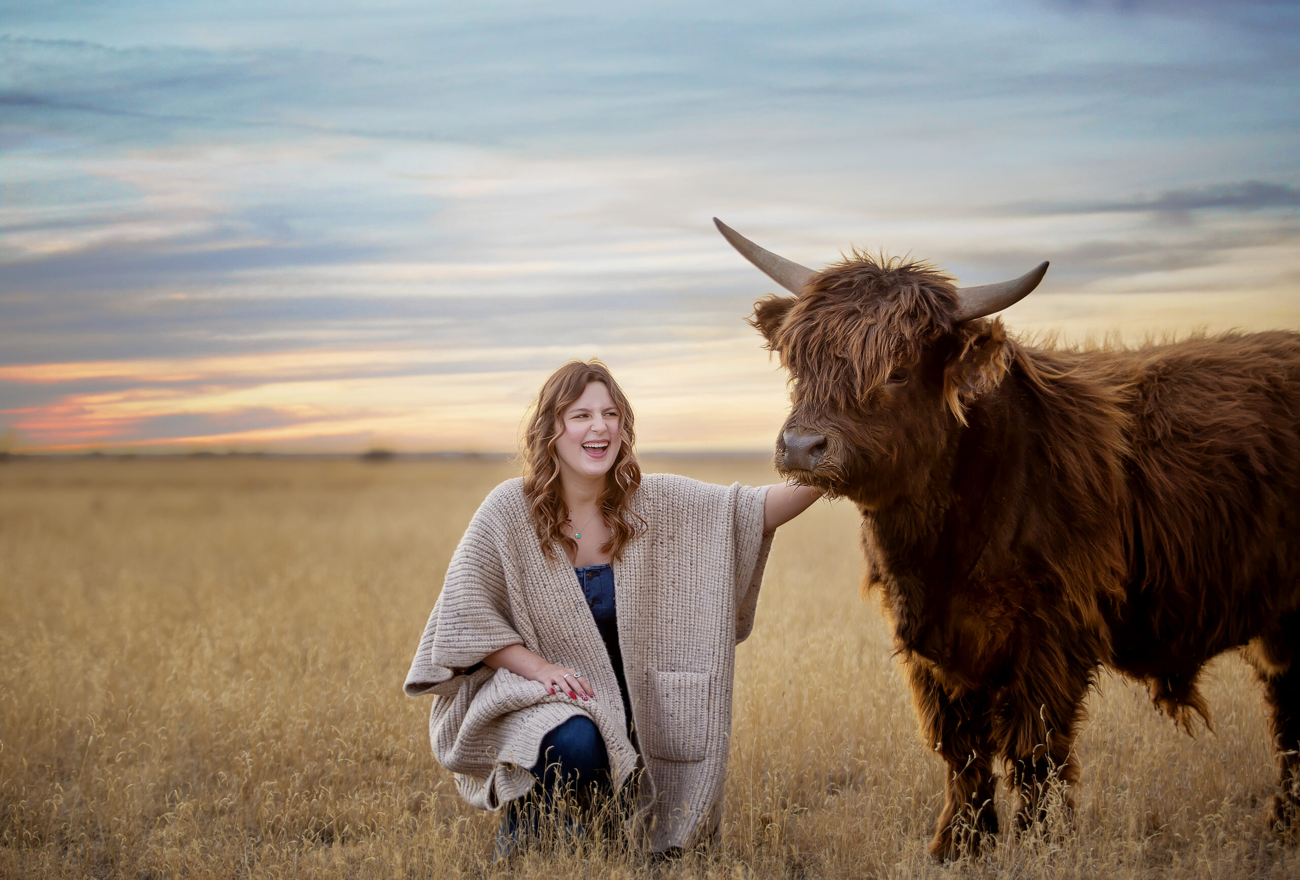Amarillo Senior laughing with a mini highland cow with the sun setting.